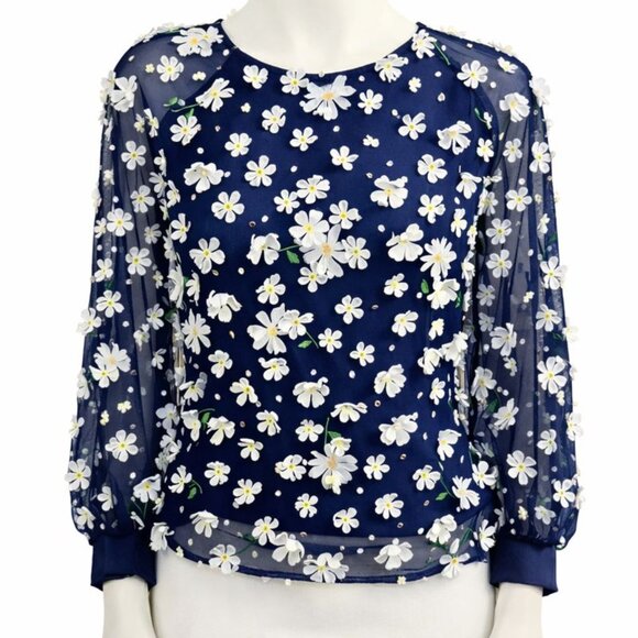 Eva Franco Tops - Eva Franco Sasha Toulouse Petal Daisy Sheer Blouse Navy XS NWT